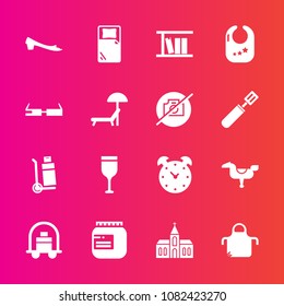 Premium set with fill vector icons. Such as chef, fashion, rattle, religion, kid, shipping, bellboy, baggage, delivery, alarm, toy, red, jam, food, church, watch, architecture, alcohol, drink, glass