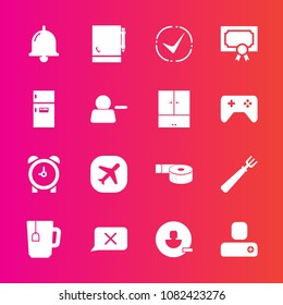 Premium set with fill vector icons. Such as dinner, account, drink, adhesive, spoon, check, plane, award, sticky, delete, alarm, office, human, fork, kitchen, diploma, ring, notebook, cup, notepad