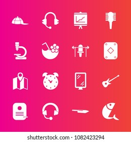 Premium set with fill vector icons. Such as sign, identity, alarm, cap, food, microphone, audio, science, musical, road, headphone, document, hair, beauty, map, knife, headwear, fashion, comb, watch