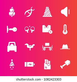 Premium set with fill vector icons. Such as pie, shovel, dessert, happy, volume, energy, child, dentistry, traffic, hat, fun, construction, office, kid, party, sweet, work, sign, clinic, chocolate