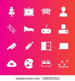 Premium set with fill vector icons. Such as user, speech, table, bed, drill, dentist, bubble, stats, furniture, sweet, account, interior, graph, cloud, business, data, water, entertainment, home, tv