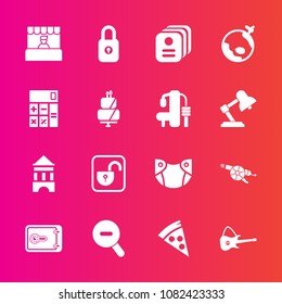 Premium set with fill vector icons. Such as grocery, gun, military, finance, airplane, musical, unlock, protection, travel, world, lunch, diaper, weapon, infant, open, food, care, money, web, music