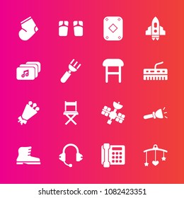 Premium set with fill vector icons. Such as bed, speaker, clothes, socks, lamp, leather, beautiful, light, blossom, music, communication, microphone, bouquet, phone, rocket, space, toy, flower, shine