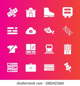 Premium set with fill vector icons. Such as photo, cheeseburger, drawer, news, building, template, internet, sign, newspaper, emergency, pin, space, fish, food, house, health, snack, sandwich, medical