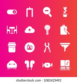 Premium set with fill vector icons. Such as jar, ufo, chair, glass, filter, scan, add, screen, technology, conditioner, alien, note, web, sweet, musical, room, lollipop, clean, food, green, monster, 