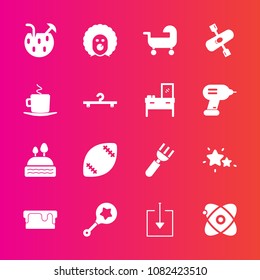 Premium set with fill vector icons. Such as sky, sweet, space, toy, character, circus, sign, infant, night, knife, kayak, nature, river, cosmos, carriage, drink, pie, stadium, game, baby, water, cake