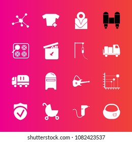 Premium set with fill vector icons. Such as shirt, school, letter, check, car, fashion, carriage, travel, transport, truck, bag, space, child, data, mail, dentist, cargo, white, clinic, location, map