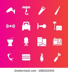 Premium set with fill vector icons. Such as comfortable, bow, chair, work, security, elegance, saw, telephone, interior, percussion, musical, library, hamburger, textbook, home, education, hook, raw