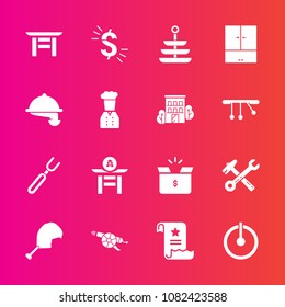 Premium set with fill vector icons. Such as container, chicken, switch, power, office, knife, meat, service, spanner, file, document, currency, drum, travel, button, food, hammer, wrench, restaurant