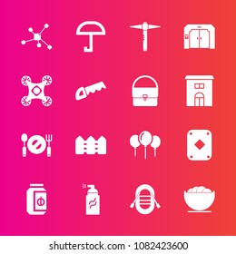 Premium set with fill vector icons. Such as food, chemistry, work, construction, sailboat, sign, saw, spoon, control, hammer, street, game, birthday, travel, paint, empty, abstract, grunge, glass, jam