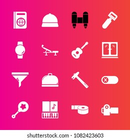 Premium set with fill vector icons. Such as restaurant, music, food, peeler, equipment, photography, baby, tape, rattle, tourism, air, deactivate, musical, child, hat, office, photographer, infant