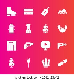 Premium set with fill vector icons. Such as food, dessert, war, strategy, elevator, media, footwear, game, wine, weapon, space, cake, black, firearm, entrance, science, doughnut, piece, brush, handgun
