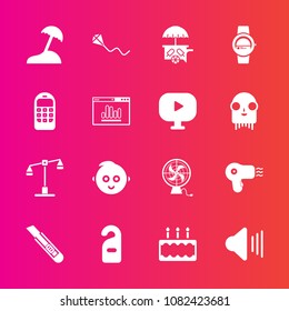 Premium set with fill vector icons. Such as judge, air, hairdryer, fun, van, up, vehicle, sky, music, label, volume, beach, sound, audio, palm, cutter, food, watch, balance, summer, sweet, justice