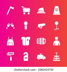Premium set with fill vector icons. Such as wine, hammer, roller, man, roll, street, apron, hotel, food, traffic, cook, road, uniform, motel, music, boy, child, shirt, privacy, childhood, toy, white