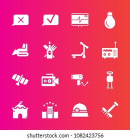 Premium set with fill vector icons. Such as care, equipment, android, blow, technology, station, autumn, bulb, orbit, hat, machinery, cyborg, hairdryer, bulldozer, building, garden, raking, medieval