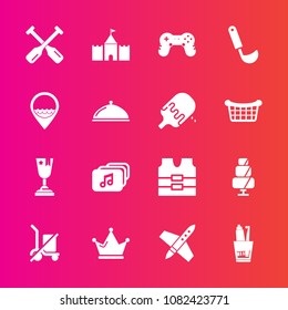 Premium set with fill vector icons. Such as vest, canoe, clothing, royal, dental, craft, oar, tower, toothbrush, hygiene, joystick, first, sweet, play, achievement, rocket, health, winner, jacket
