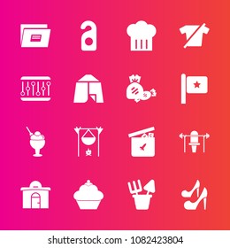 Premium set with fill vector icons. Such as restaurant, doughnut, campfire, sport, fitness, ball, play, ice, flame, bonfire, toy, girl, white, female, hot, chief, shirt, hotel, file, fireplace, sign