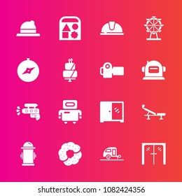 Premium set with fill vector icons. Such as door, entrance, robot, home, technology, furniture, sweet, futuristic, play, fashion, architecture, game, travel, android, helmet, hydrant, trailer, seat