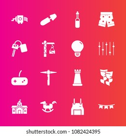 Premium set with fill vector icons. Such as play, city, fashion, nature, floral, brush, king, spring, strategy, flag, chess, cooking, cheese, holiday, happy, laboratory, duck, technology, government