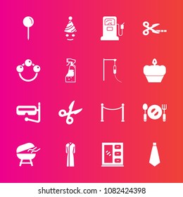 Premium set with fill vector icons. Such as fashion, pump, furniture, party, clown, water, cut, child, celebration, toy, bbq, gas, dress, station, fence, home, tie, summer, drop, fuel, interior, sea