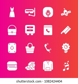 Premium set with fill vector icons. Such as style, nature, music, summer, telephone, game, blossom, map, floral, orbit, radio, leather, snorkel, call, microphone, bag, fashion, note, water, female