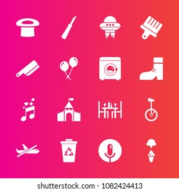 Premium set with fill vector icons. Such as ufo, fork, spacecraft, bike, castle, ice, technology, garbage, white, note, voice, circus, spaceship, paint, musical, waste, celebration, machine, brush