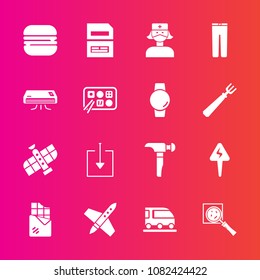 Premium set with fill vector icons. Such as transport, train, fashion, craft, planet, sign, search, clothing, space, download, file, sweet, cheeseburger, care, energy, computer, chocolate, technology