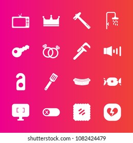 Premium set with fill vector icons. Such as screen, wrench, heart, kitchen, motel, spanner, off, letter, meat, candy, king, deactivate, lollipop, dinner, cooking, key, energy, television, pan, food