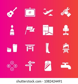 Premium set with fill vector icons. Such as play, art, home, foreman, shrine, musical, crane, television, cup, pepper, water, drawing, guitar, computer, footwear, fun, travel, drink, entertainment, tv