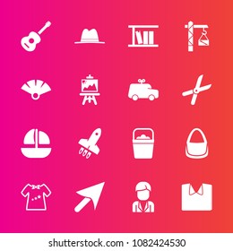 Premium set with fill vector icons. Such as vessel, musical, launch, fan, clothes, japanese, hat, saw, library, bag, white, shirt, fashion, bucket, cursor, object, guitar, handle, man, male, car, web