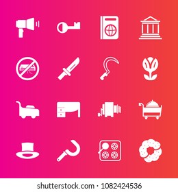 Premium set with fill vector icons. Such as doughnut, agriculture, fork, dessert, bank, document, cake, travel, kitchen, conditioner, communication, knife, harvest, passport, gas, restaurant, pasta