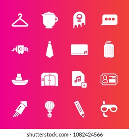 Premium set with fill vector icons. Such as sea, fashion, speech, holiday, pencil, add, breakfast, message, music, mask, ufo, business, event, monster, file, fiction, teapot, hanger, alien, hot, jump