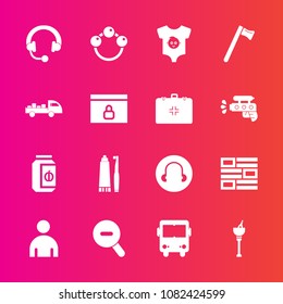 Premium set with fill vector icons. Such as truck, wine, delivery, rattle, headphone, kid, toothpaste, tool, sound, drink, male, food, hammer, boy, jar, newspaper, transport, web, health, dental, jam