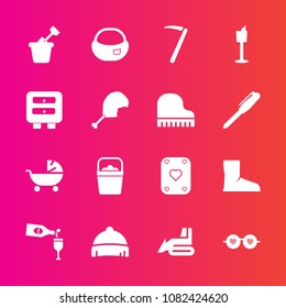 Premium set with fill vector icons. Such as bag, spanner, red, school, sunglasses, handle, play, hippie, glass, fashion, wrench, pram, water, hammer, glasses, tool, stroller, headwear, game, holder