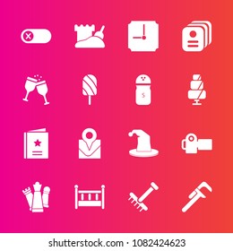 Premium set with fill vector icons. Such as photo, photography, time, sand, garden, tool, baby, map, repair, off, tower, bed, sign, clock, card, king, energy, id, piece, circus, gardening, technology