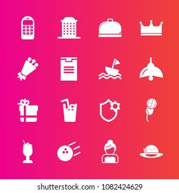 Premium set with fill vector icons. Such as floral, bride, pin, sport, king, package, bow, bowling, communication, drink, karaoke, music, box, cold, service, hat, crown, love, phone, architecture, mic