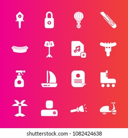 Premium set with fill vector icons. Such as contact, extreme, birdhouse, chemical, shine, leisure, spring, security, equipment, cycle, bird, tropical, fun, skating, ride, pesticide, parachute, sport
