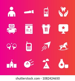 Premium set with fill vector icons. Such as baby, paper, pin, toy, phone, travel, boy, horse, dentist, japan, nature, fun, food, fly, sake, tower, plane, night, telephone, male, vintage, cell, child