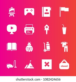 Premium set with fill vector icons. Such as flag, transportation, delivery, clothes, artist, joystick, housework, clothing, domestic, literature, art, butterfly, vacuum, nature, white, textbook, lady