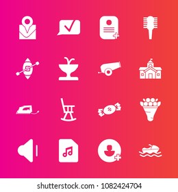 Premium set with fill vector icons. Such as office, pink, architecture, beauty, vessel, travel, note, account, candy, add, food, location, music, volume, ship, ocean, identity, flower, sea, audio, up