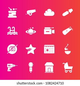 Premium set with fill vector icons. Such as weapon, no, machine, cannon, photo, fashion, camera, picture, musical, brush, child, meal, makeup, black, sign, hand, cloud, dinner, song, pram, mascara
