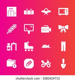Premium set with fill vector icons. Such as elevator, spaceship, extreme, alien, folder, entrance, scan, machine, fun, leisure, ufo, office, road, fish, trousers, sport, laboratory, work, space, data