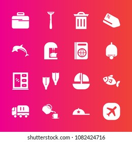 Premium set with fill vector icons. Such as briefcase, hat, flipper, boat, ship, home, ocean, vessel, travel, truck, sea, sport, tag, plane, fish, cargo, interior, cup, box, drink, transport, headwear