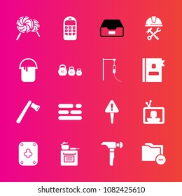 Premium set with fill vector icons. Such as data, hammer, communication, table, axe, phone, old, paint, telephone, tv, template, house, technology, folder, oven, food, layout, sign, lollipop, screen