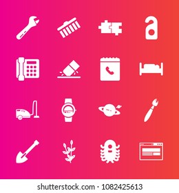 Premium set with fill vector icons. Such as plant, alien, domestic, harvest, monster, brush, wheat, puzzle, web, wrench, education, astronomy, hammer, label, construction, equipment, hotel, motel, ufo