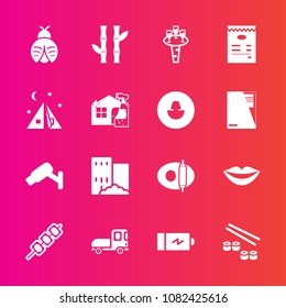 Premium set with fill vector icons. Such as transportation, bamboo, estate, sign, building, fly, teeth, electricity, plant, beauty, kebab, kitchen, salmon, security, girl, camera, grilled, nature, bug