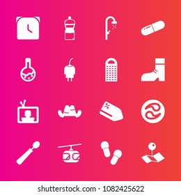 Premium set with fill vector icons. Such as minute, technology, headwear, medicine, location, cap, tag, screen, hygiene, rail, water, pointer, television, train, medical, pill, kamon, fashion, hat, tv
