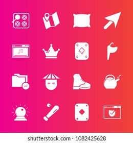 Premium set with fill vector icons. Such as road, web, folder, oven, equipment, pin, sport, baseball, people, cursor, document, boot, bed, white, league, location, ball, check, play, poker, music, map