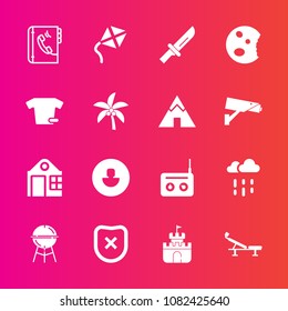 Premium set with fill vector icons. Such as business, rain, sand, music, fork, meat, cutlery, fitness, leisure, restaurant, plastic, weather, book, sound, bbq, protection, radio, closed, internet, toy