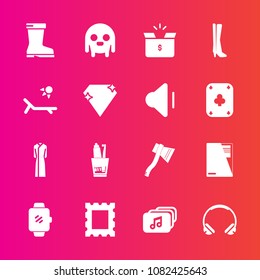 Premium set with fill vector icons. Such as picture, audio, border, female, paper, monster, dental, summer, toothpaste, box, screen, watch, photo, pack, dress, ufo, technology, package, health, axe